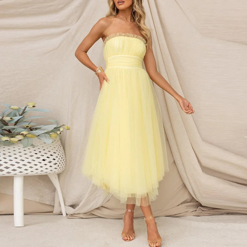 Women Fashion Bralette Mesh Long Dress Summer Elegant Hight Waist Solid Princess Dress Casual Sleeveless Party Evening Dresses