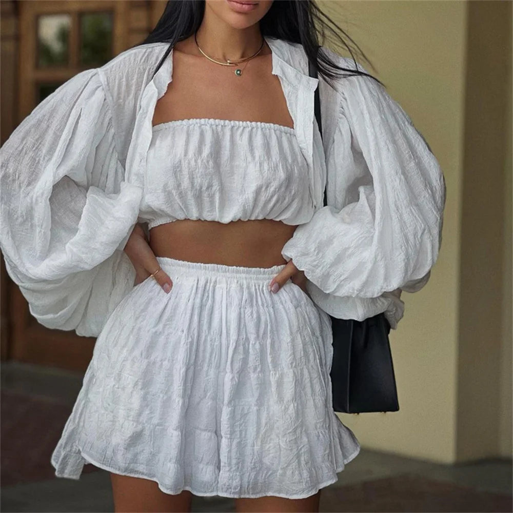 Women White 3 Piece Sets Summer Casual Lantern Long Sleeve Cardigan Tops Shorts Suits Lady Spring Soft Three Piece Outfit