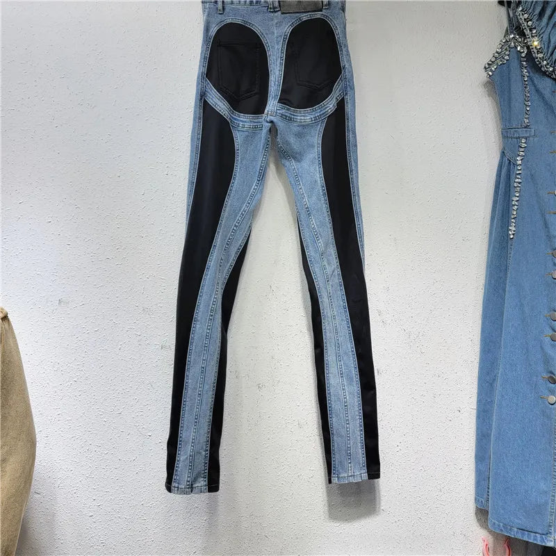 Women's Denim Pants Contrast Color Slim Split Patchwork High Quality Thin Pencil Pants Autumn New Fashion