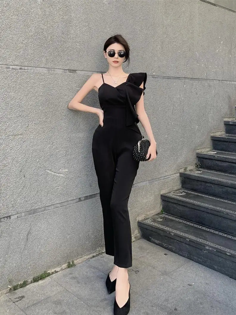 2025 Summer Outfit New Fashion Stylish Socialite Slim Fit Ruffled Sleeves Temperament Queen Jumpsuit Pencil Pants Women