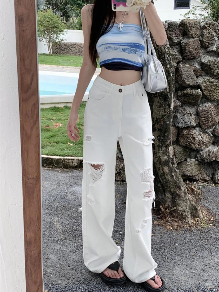 Basic White Ripped Jeans Women Jeans High Waisted Cowboy Pants Oversized Streetwear Denim Trousers Y2k Hip Hop Clothes