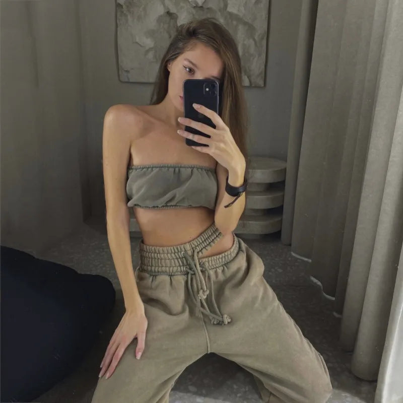 Sweatpants Women Gray Loose Casual Wide Leg Trousers Hollow Out Streetwear Vintage Female Clothing