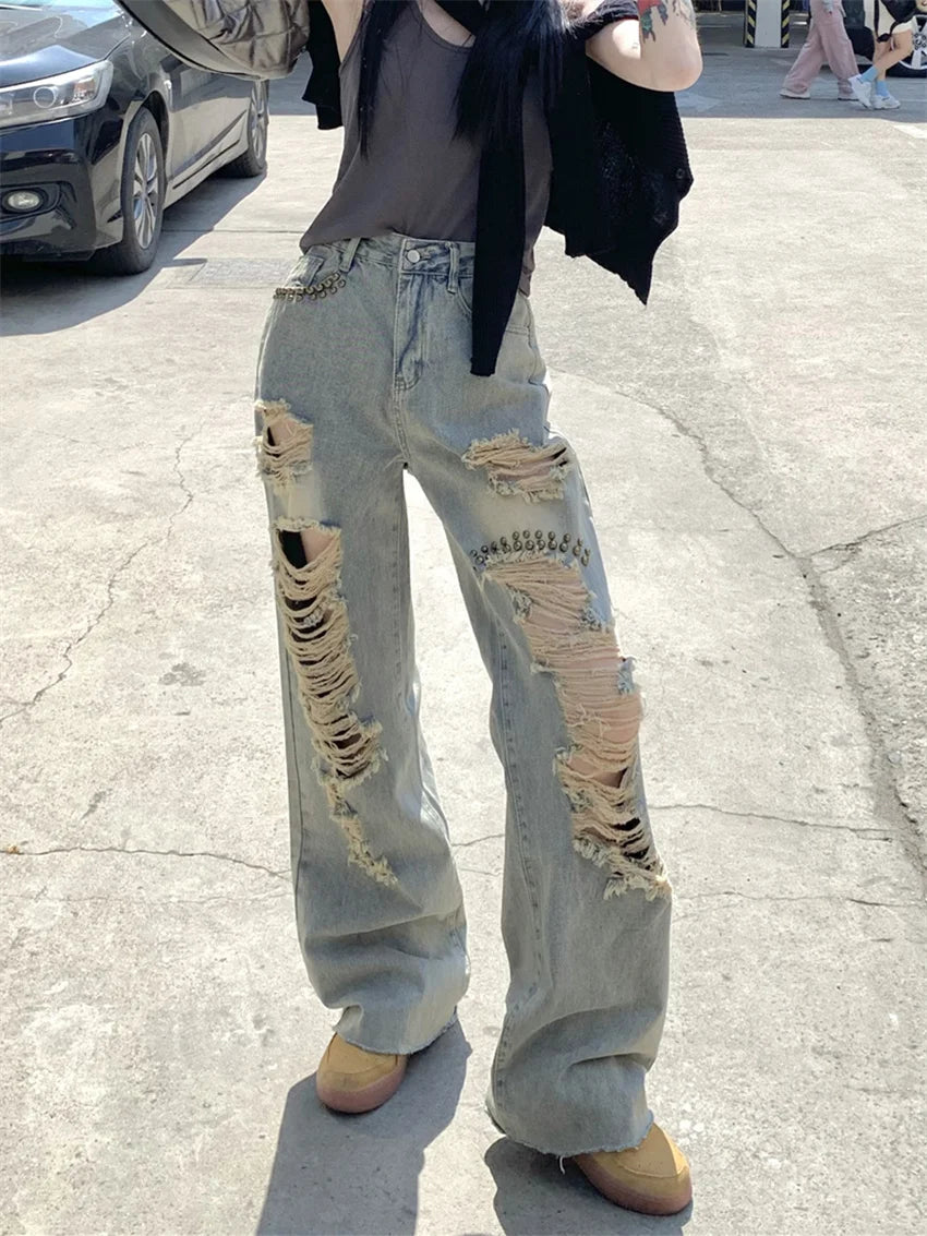 Autumn Hole Streetwear Jeans Women High Waist Straight Loose Wide Leg Chic Slim Vintage Office Wear Daily Pants