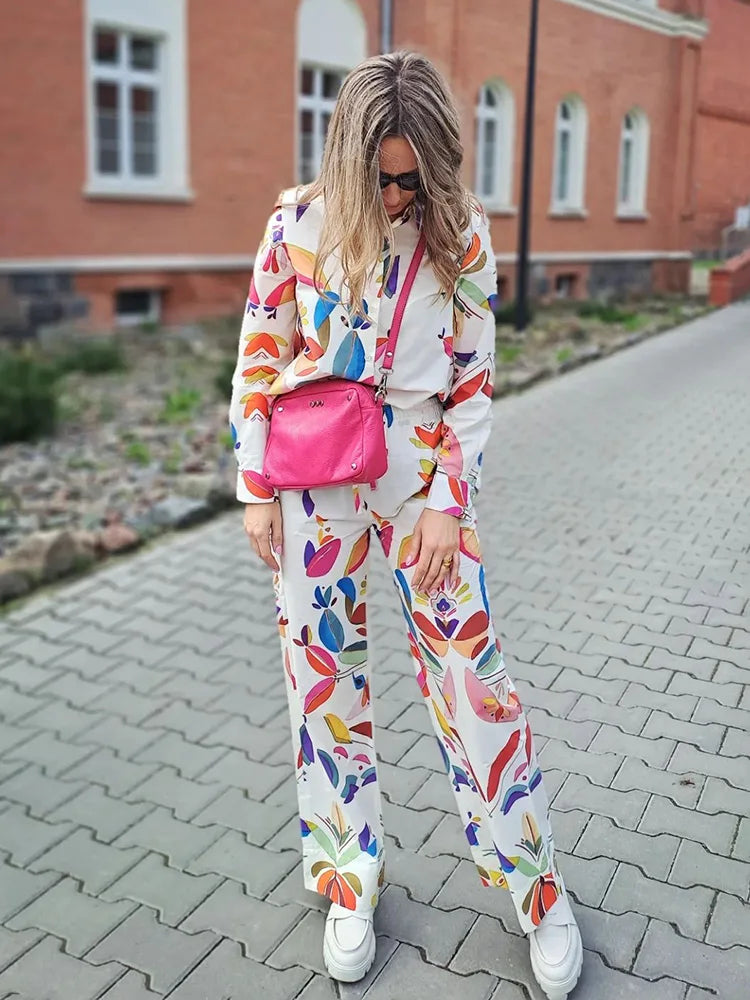 Women Spring Fashion Suit Vintage Printed Lapel Long Sleeves Single Breasted Shirts Female Elastic Waist Wide Leg Pants