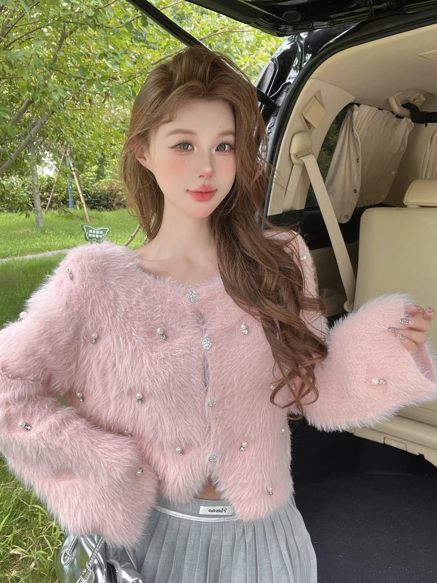 Sweet Hot Girl Mink Fur Knitted Cardigan Women's Autumn and Winter Loose Oneck Longsleeved Short Top Fashion Female Clothes