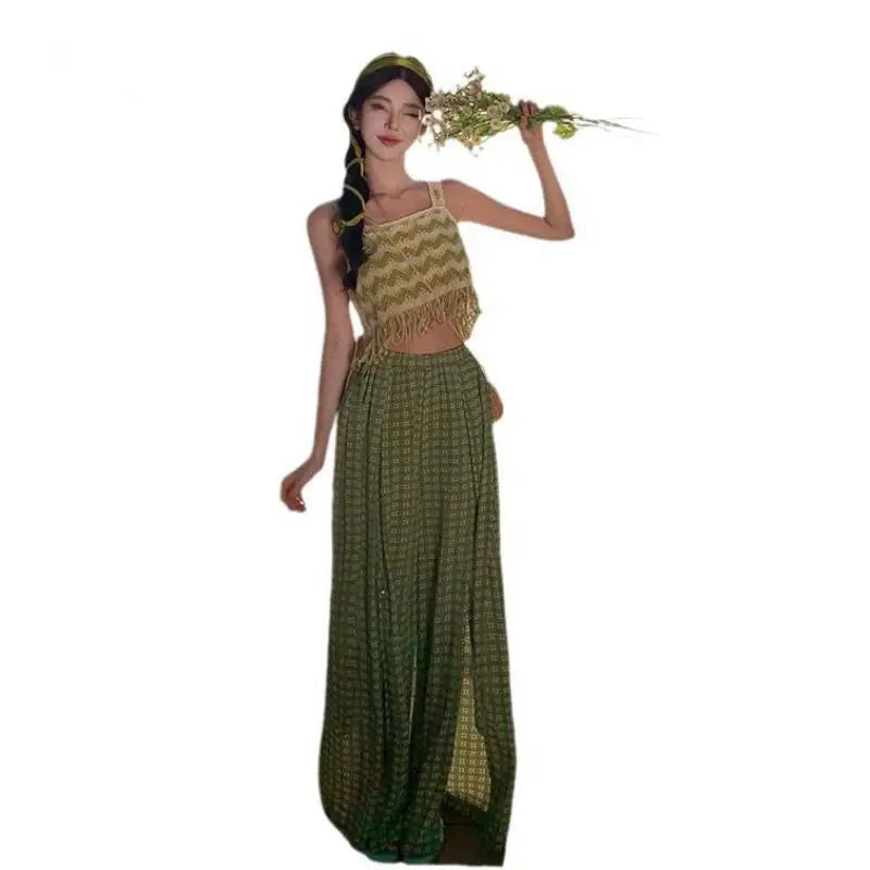 Women Vintage Boho Green Print High Waist Elegant Pleated Wide Leg Pant Summer Pink Casual Loose Straight Split Trousers Fashion