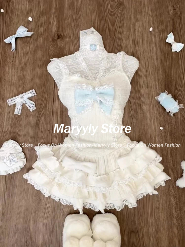 Winter Sweet Cute New 3 Piece Sets Women Outfits Elegant Long Sleeve Bow Cardigan + Casual Slim Vest + Lace Patchwork Mini Skirt