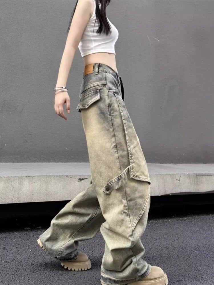 American Retro High Waist Baggy Jeans Women Y2k Hip Hop Chic Straight Wide Leg Denim Pants Harajuku Causal Mujer Bottoms