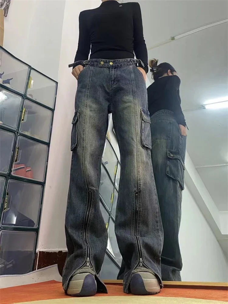 Blue Cargo Pants Women High Waist Washed Jeans American Retro High Street Flared Wide Leg Split Trousers with Zipper New