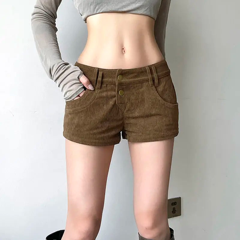 Autumn/Winter Retro Furry Leopard Pattern Spliced Corduroy Shorts for Women Low Waist Slim Sexy Spicy Girl Pocket Hot Pants