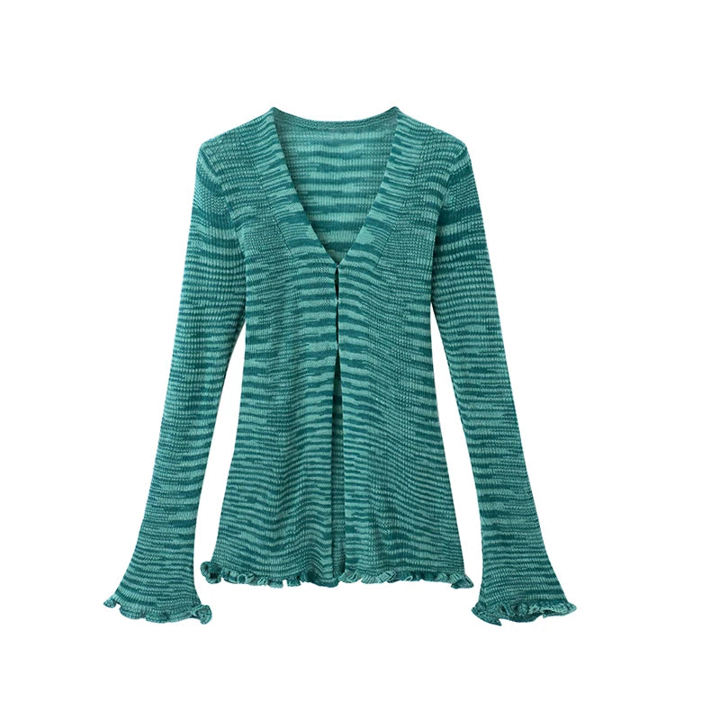 Y2k Orange Striped Suit Fungus Edge Longsleeved Knitted Cardigan Women's Autumn Short Skirt 2piece Set