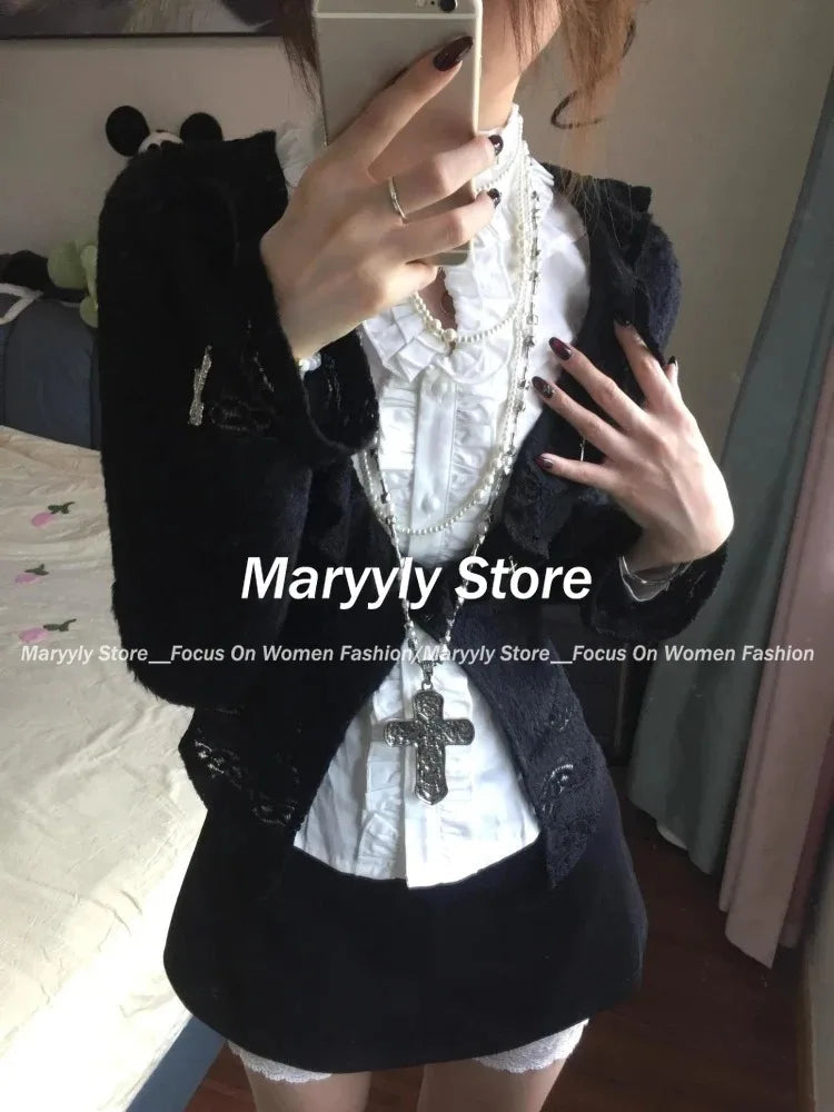 Autumn Y2k Gothic Women Outfits Long Sleeve Cardigan Coat + Ruched Hollow Out Shirts+ Lace High Waist Mini Skirts 3 Piece Sets