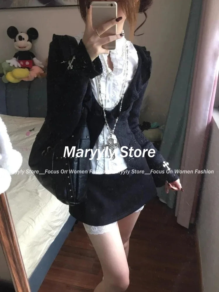 Autumn Y2k Gothic Women Outfits Long Sleeve Cardigan Coat + Ruched Hollow Out Shirts+ Lace High Waist Mini Skirts 3 Piece Sets