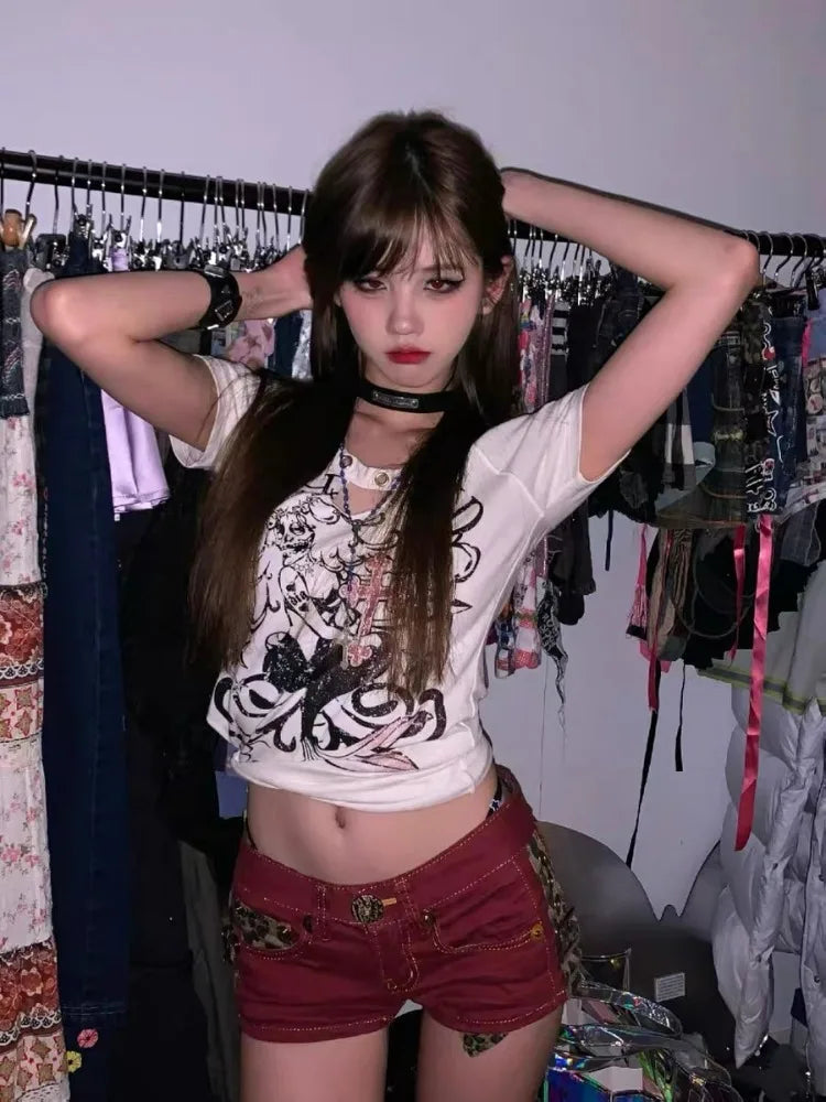 Summer Woman Gyaru Hot Kpop Pants Clubwear Jean Hot Shorts Sexy Denim Sweet Shorts Streetwear Pockets Zipper Low Waist Patchwork