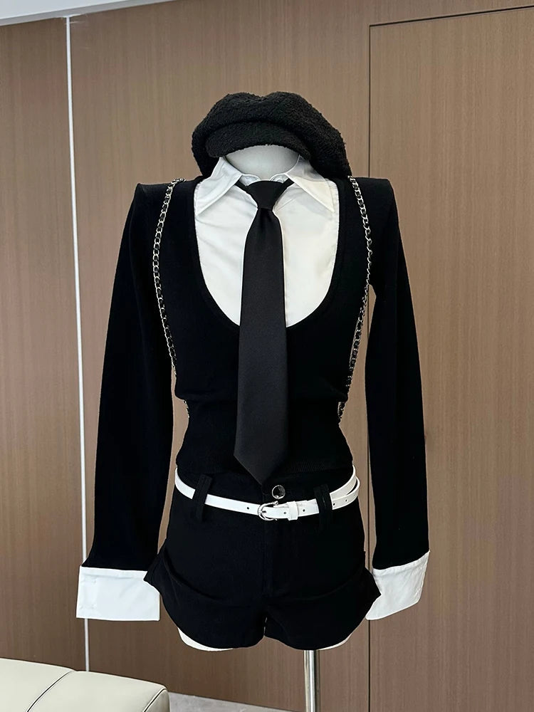 Women Harajuku Gyaru Preppy Outfits 2 Piece Set Long Sleeve Fake Two Pieces Shirts + Y2k 2000s Aesthetic Shorts Hot Pants Belt