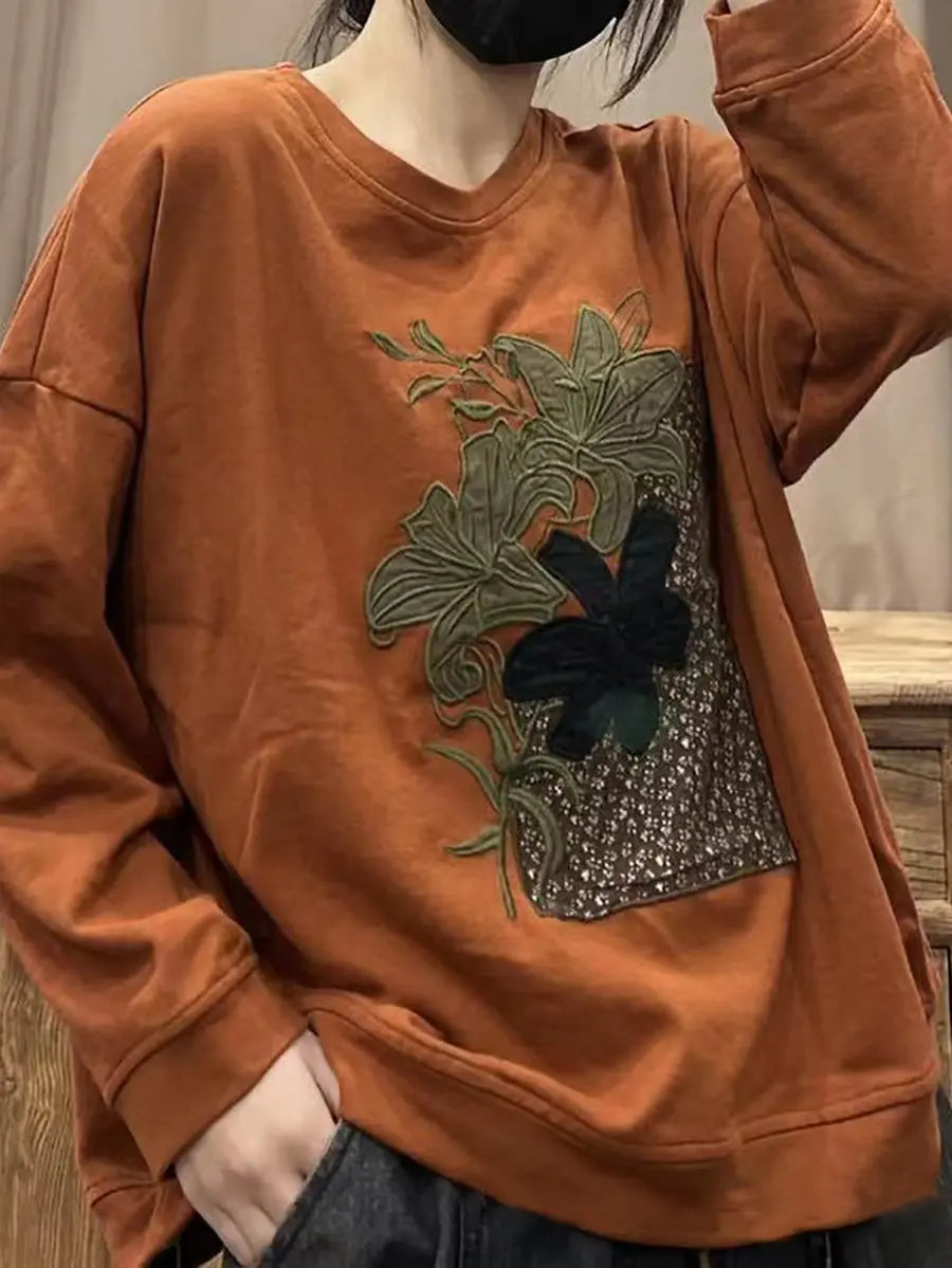 Women Lily Embroidery Sweatshirt