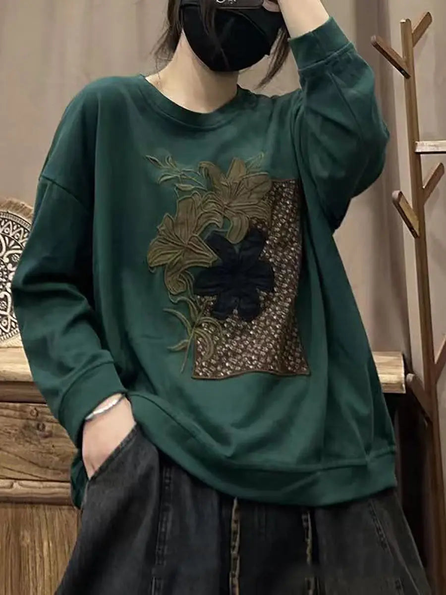 Women Lily Embroidery Sweatshirt
