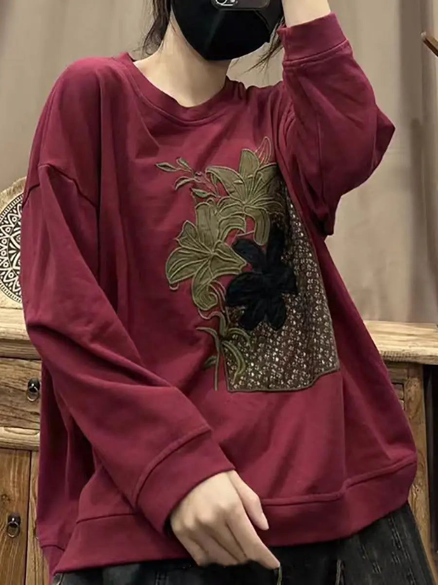 Women Lily Embroidery Sweatshirt