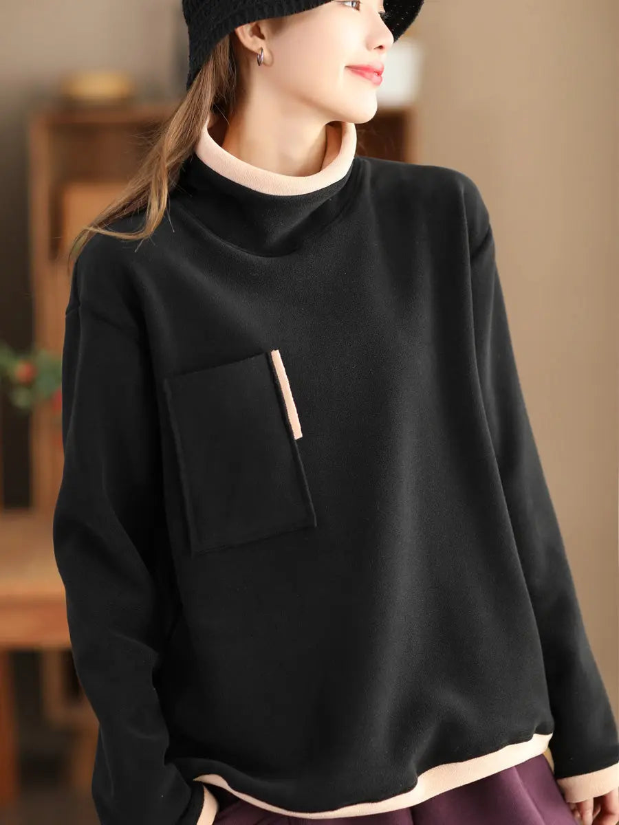 Women Spliced Turtleneck Fleece Sweatshirt