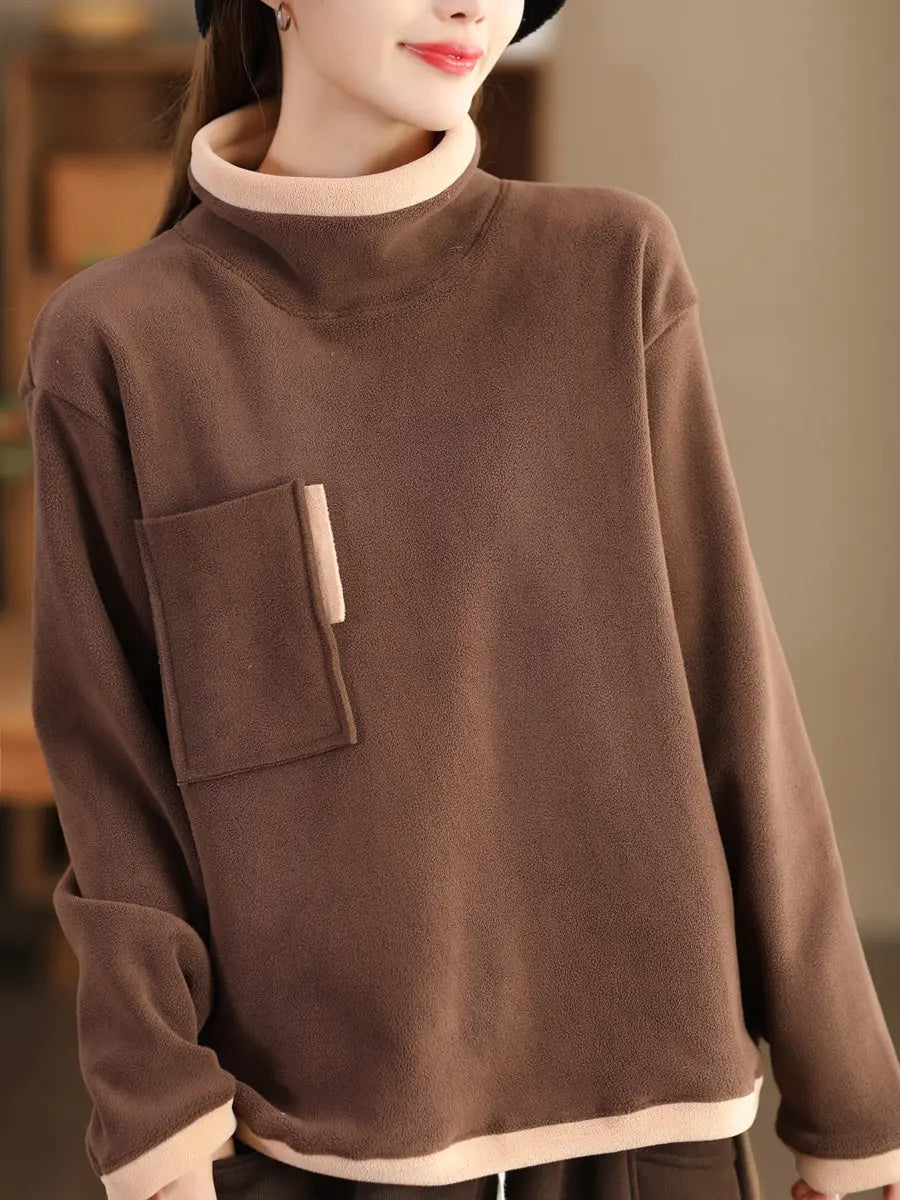Women Spliced Turtleneck Fleece Sweatshirt