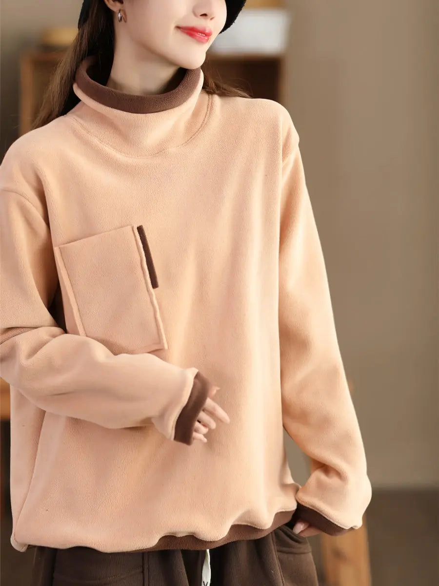Women Spliced Turtleneck Fleece Sweatshirt