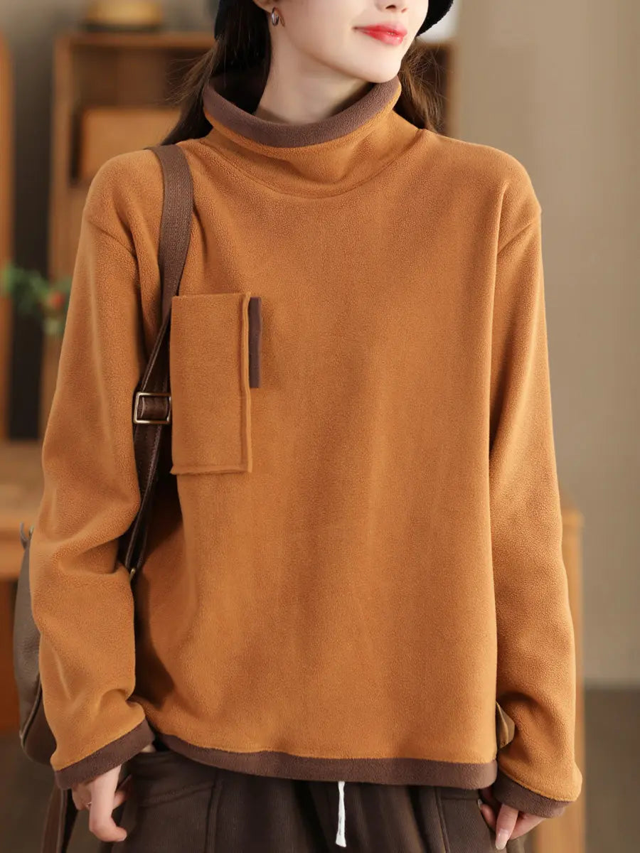 Women Spliced Turtleneck Fleece Sweatshirt