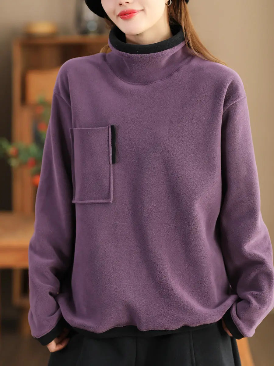 Women Spliced Turtleneck Fleece Sweatshirt