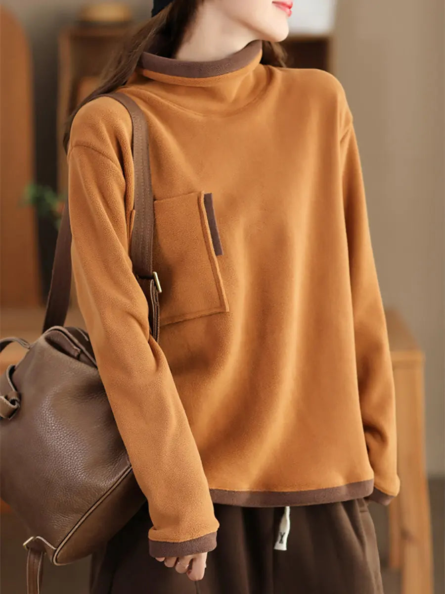 Women Spliced Turtleneck Fleece Sweatshirt
