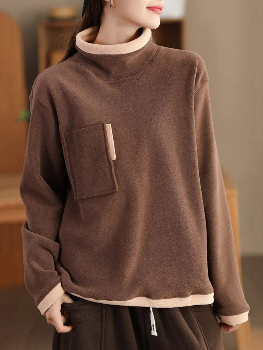 Women Spliced Turtleneck Fleece Sweatshirt