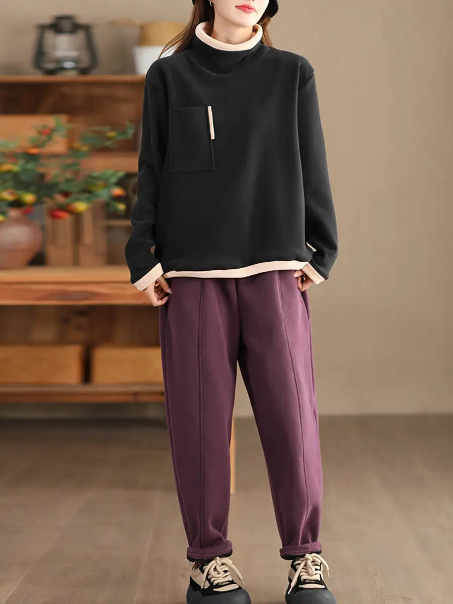 Women Spliced Turtleneck Fleece Sweatshirt