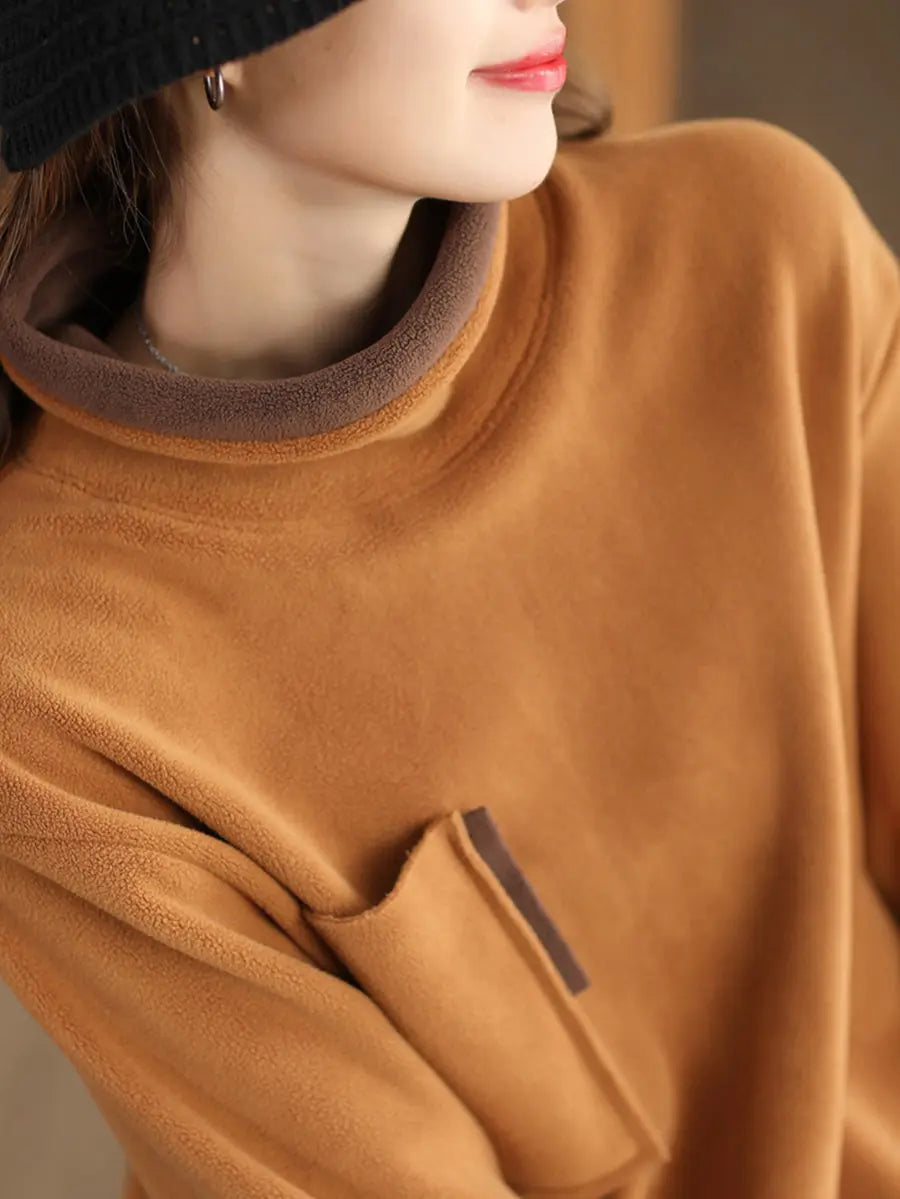Women Spliced Turtleneck Fleece Sweatshirt