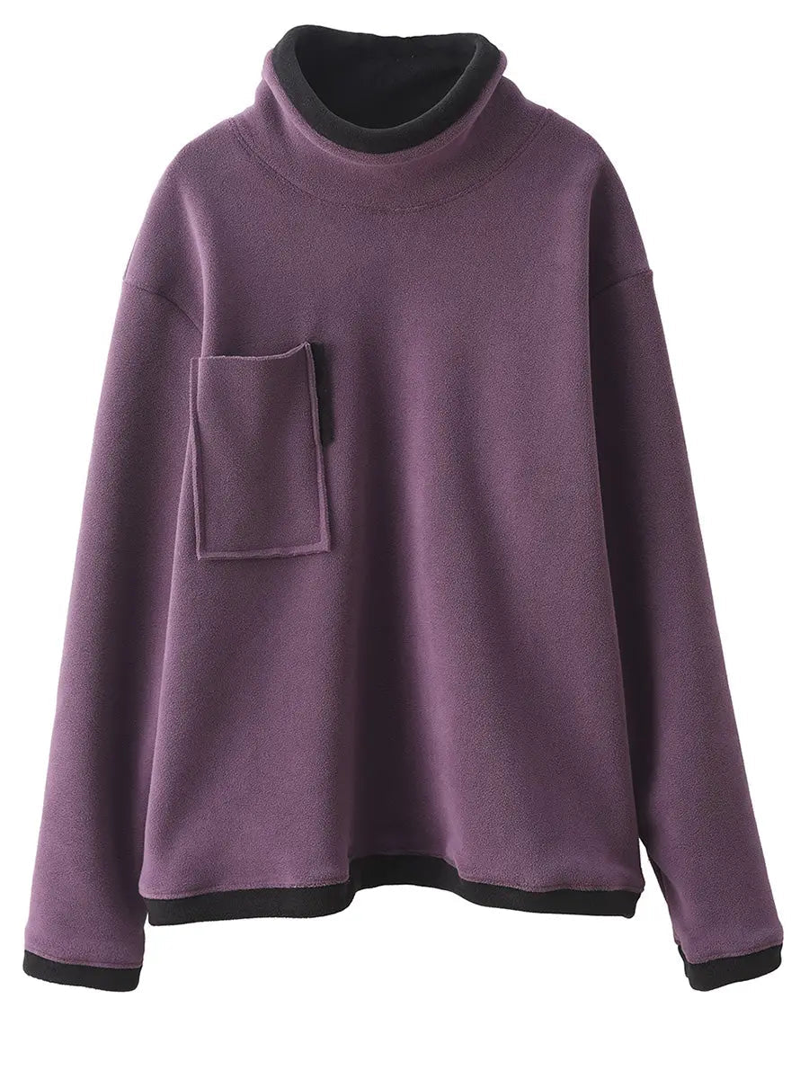 Women Spliced Turtleneck Fleece Sweatshirt
