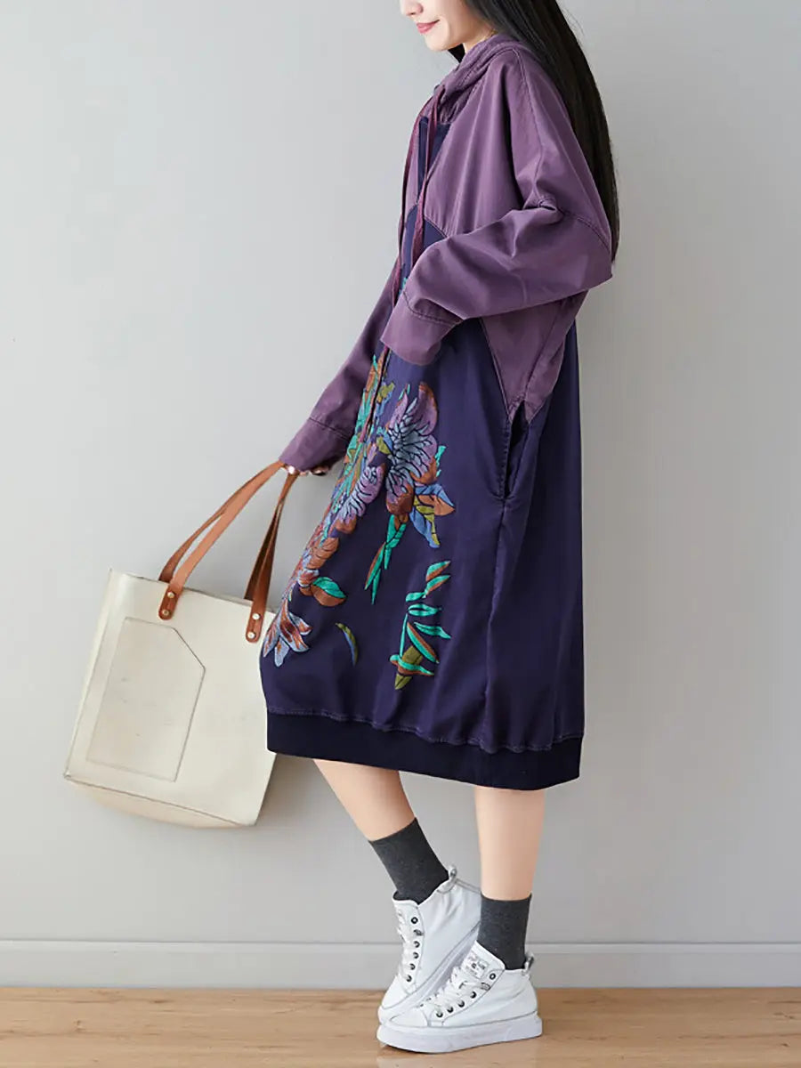Women Print Colorblock Hooded Sweatshirt