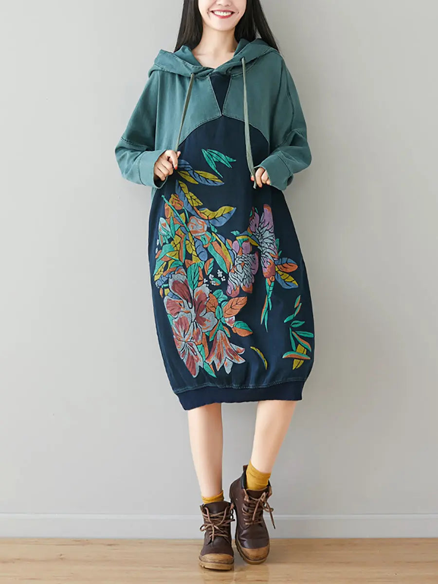 Women Print Colorblock Hooded Sweatshirt