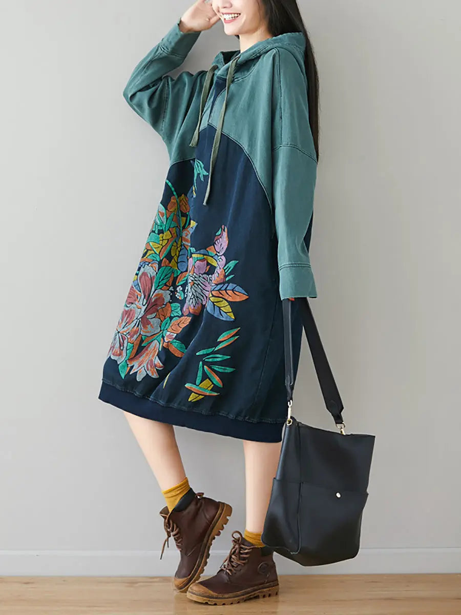 Women Print Colorblock Hooded Sweatshirt