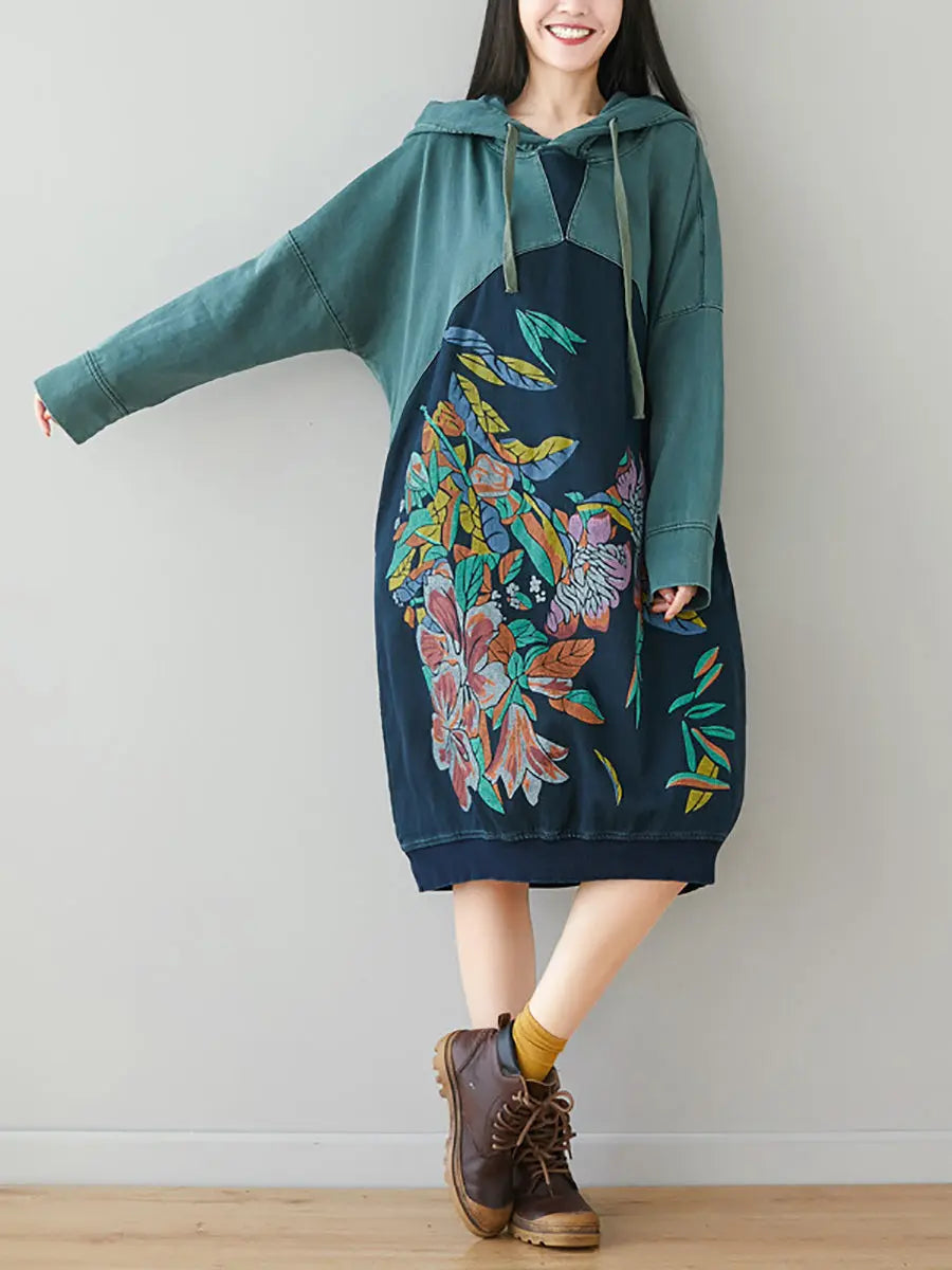 Women Print Colorblock Hooded Sweatshirt