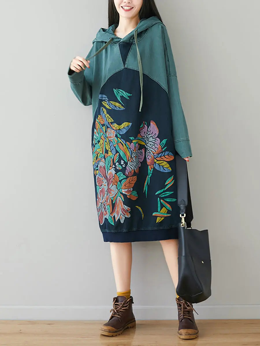 Women Print Colorblock Hooded Sweatshirt