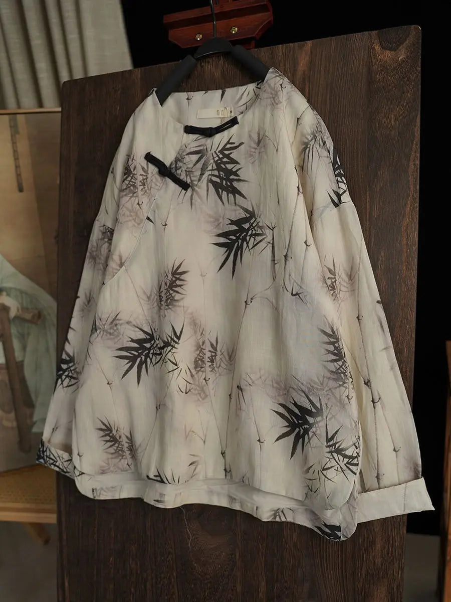 Women Bamboo Leaf Print Ramie Sweatshirt