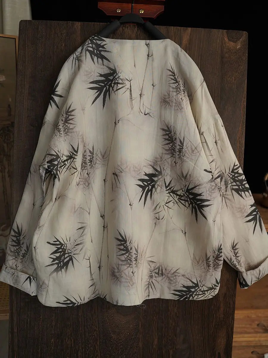 Women Bamboo Leaf Print Ramie Sweatshirt