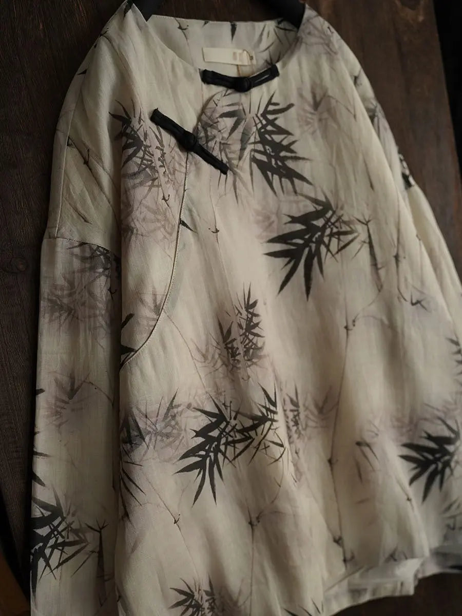 Women Bamboo Leaf Print Ramie Sweatshirt