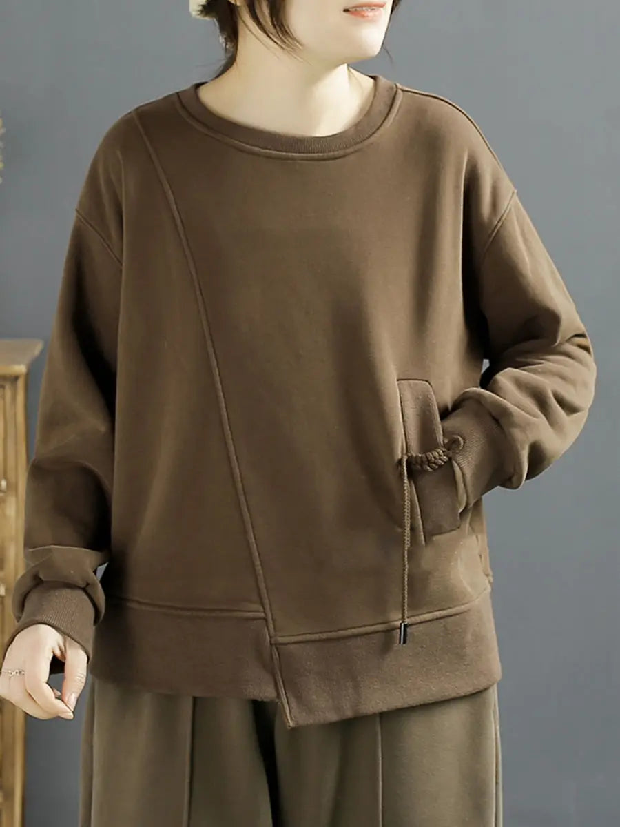 Women Cotton Irregular Spliced Fleece-lined Sweatshirt