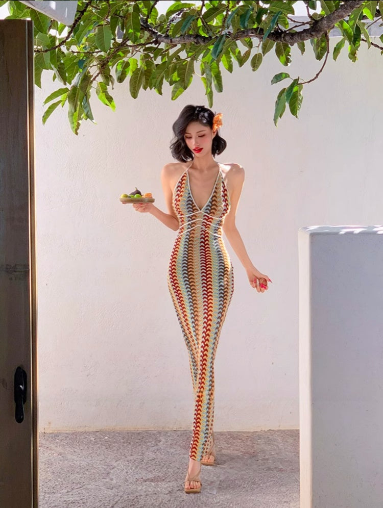 Woven Spaghetti Strap Halter Bodycon Maxi Dress
