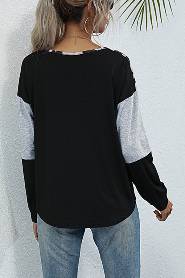 women's long sleeve leopard print stitching t-shirt
