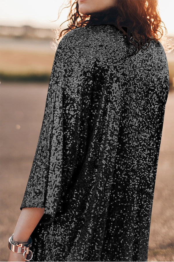 Apricot Sequin 3\/4 Sleeve Open Front Duster Cardigan