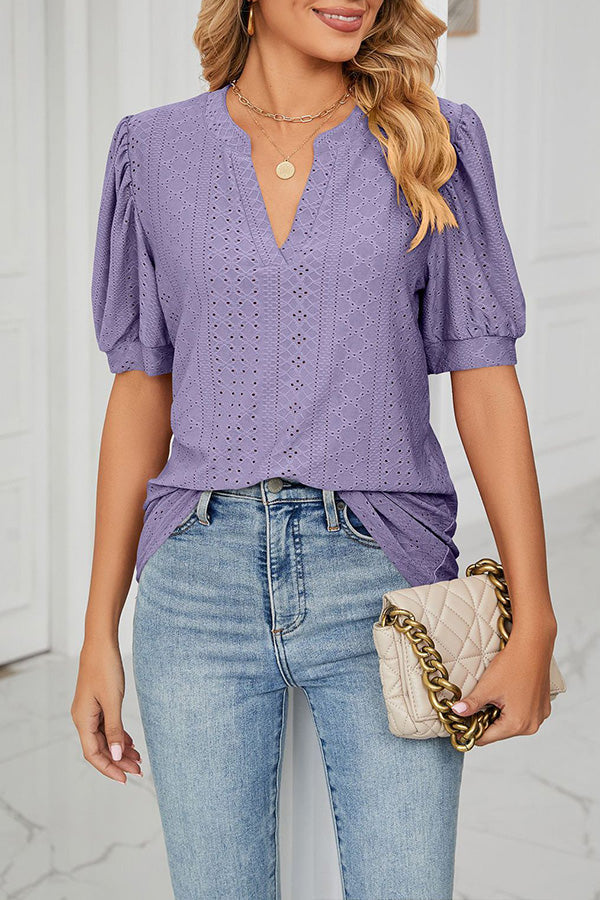 Casual v-neck solid color hollow puff sleeve loose t-shirt top women