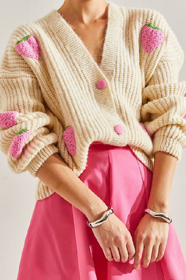 Sweet V-neck beige strawberry decorated cardigan sweater