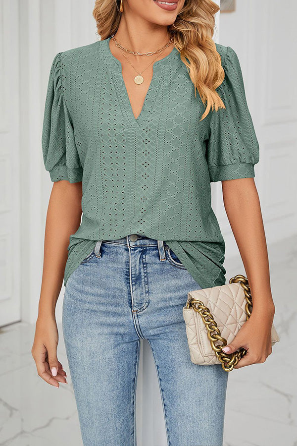 Casual v-neck solid color hollow puff sleeve loose t-shirt top women