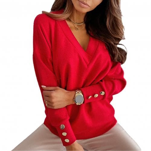 Women sweater Autumn Solid Color Deep V Neck Pocket Single-breasted Long Sleeve Pullover Knitted Cardigan Tops Oversized