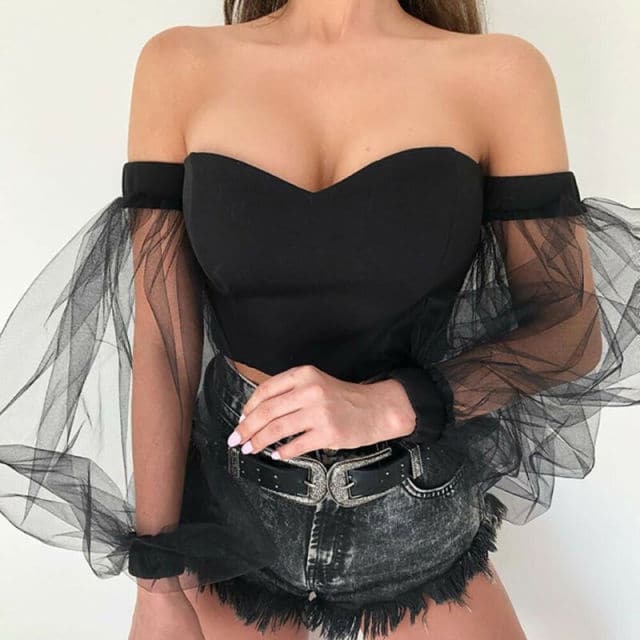 Women See-through Off Shoulder T-shirt