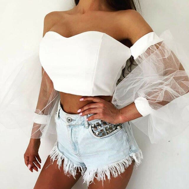 Women See-through Off Shoulder T-shirt